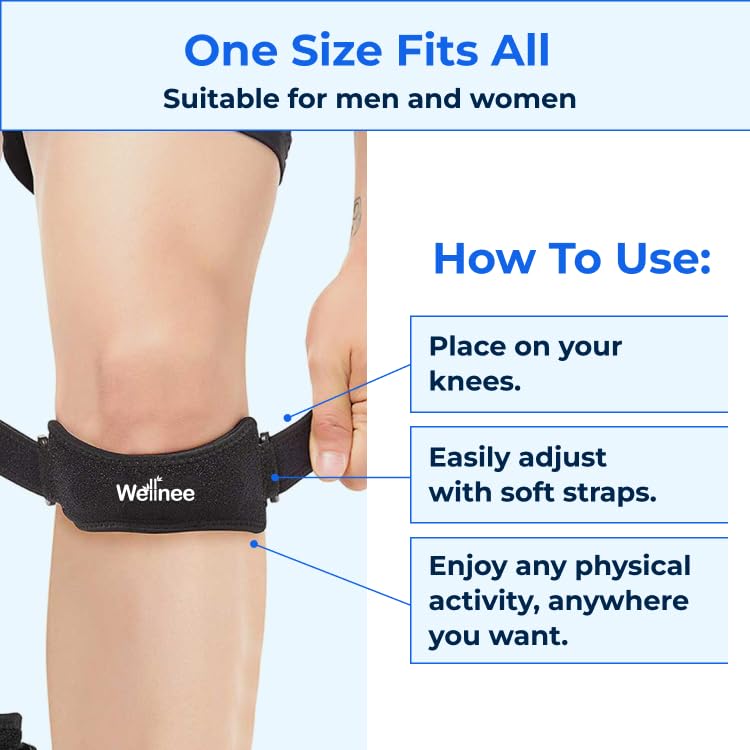 Wellnee Patella Knee Strap – Adjustable Knee Brace for Support, Running, Basketball, Volleyball, Tennis, Hiking, and more – One Size Fits Most - Wellknee Knee support for Women & Men (1 Pack)