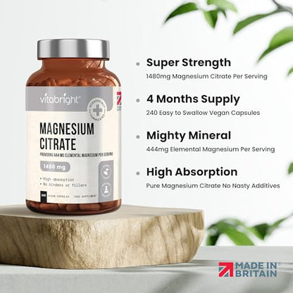 Magnesium Citrate - 1480mg High Strength - 240 Capsules (4 Month Supply) - Vegan