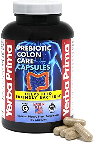 Yerba Prima Prebiotics Colon Care Fiber Caps, 180 Capsules - Five Forms of Fiber Plus FOS