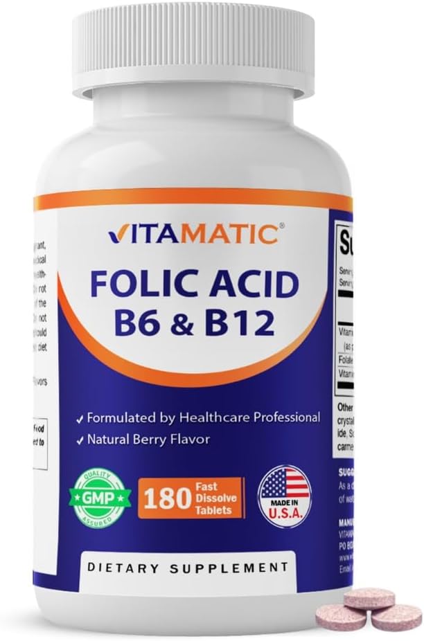 Vitamatic Folic Acid, Vitamin B12 & B6 – 180 Fast Dissolve Tablets Heart Health, Energy Production & Red Blood Cell Support