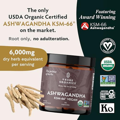 TRIBE ORGANICS Vegan Ashwagandha KSM 66 Pure Organic Root Powder Extract Ayurvedi