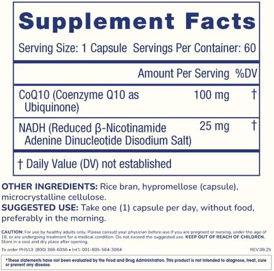 ProHealth NADH + CoQ10 - Boost NAD+ | 60 Day Supply | Pure NADH 25 mg, CoQ10 100 mg | 60 Acid Resistant Capsules | Energy | Focus | ATP Production