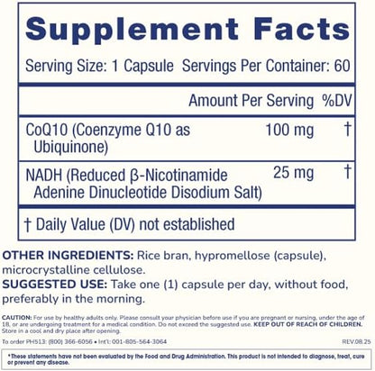 ProHealth NADH + CoQ10 - Boost NAD+ | 60 Day Supply | Pure NADH 25 mg, CoQ10 100 mg | 60 Acid Resistant Capsules | Energy | Focus | ATP Production
