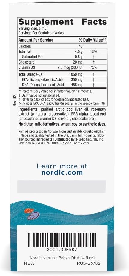 Nordic Naturals Baby’s DHA, 1050 mg Omega-3 + 300 IU Vitamin D3-4 oz | Supports Brain, Vision & Nervous System Development in Babies - Non-GMO - Servings May Vary