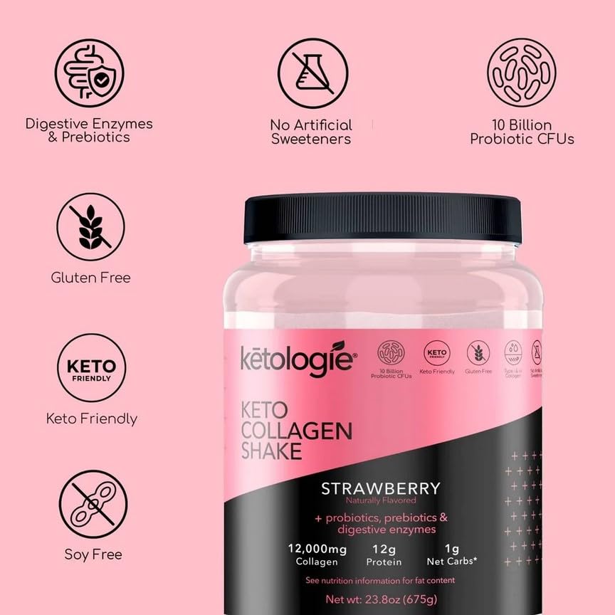 Ketologie Keto Collagen Shake (Strawberry) - with Coconut Oil, Probiotics, Grass Fed Hydrolyze