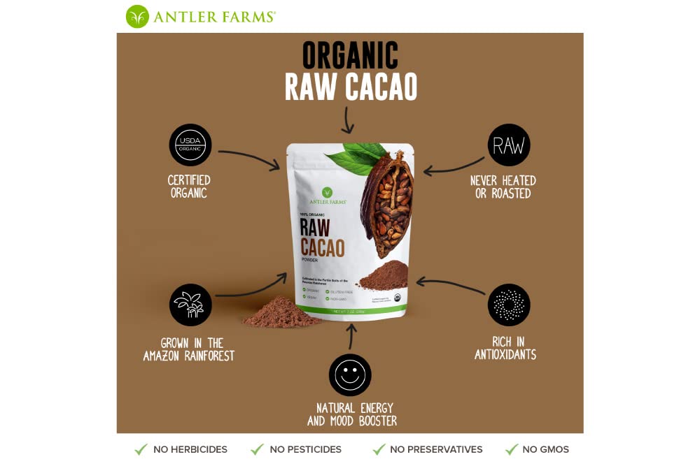 Antler Farms - 100% Pure Organic Raw Cacao Powder, 40 servings, 200g - Vegan, Gluten Free, Cultivated Naturally in Amazon Rainforest, Certified USDA Organic | 100% Pure, Vegan, Gluten Free, Cultivated Naturally in Amazon Rainforest, Certified USDA Organic