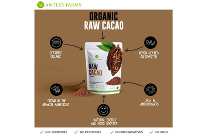 Antler Farms - 100% Pure Organic Raw Cacao Powder, 40 servings, 200g - Vegan, Gluten Free, Cultivated Naturally in Amazon Rainforest, Certified USDA Organic | 100% Pure, Vegan, Gluten Free, Cultivated Naturally in Amazon Rainforest, Certified USDA Organic
