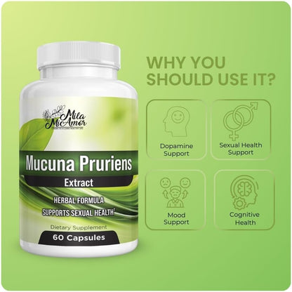 Mucuna Pruriens Extract Capsules 350mg, Standardized 15% Extract, Overall Sexual Wellness and Mood Support, Herbal Formula, Non-GMO, Third-Party Tested, Made in USA, 60 Capsules