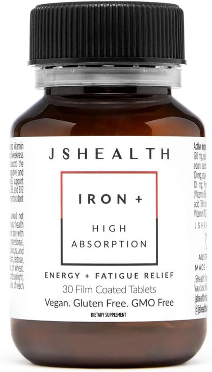 JSHealth Iron Supplement with Vitamin C. Ferrochel Iron Supports Energy Levels. Non-Constipating, with B Vitamins. By Nutritionist Jessica Sepel (30 Tablets) | Iron Deficiency Pills with Vitamin C and Vitamin B12, No Nausea or Constipation