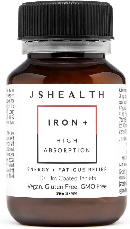 JSHealth Iron Supplement with Vitamin C. Ferrochel Iron Supports Energy Levels. Non-Constipating, with B Vitamins. By Nutritionist Jessica Sepel (30 Tablets) | Iron Deficiency Pills with Vitamin C and Vitamin B12, No Nausea or Constipation