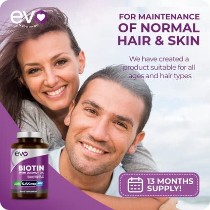 Biotin Hair Growth Supplement 12,000mcg with Coconut Oil | 400 High Strength Tablets