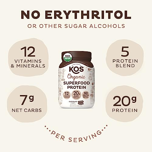 KOS Vegan Protein Powder Erythritol Free, Chocolate - Organic Pea Protein Blend