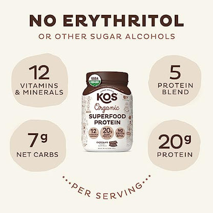 KOS Vegan Protein Powder Erythritol Free, Chocolate - Organic Pea Protein Blend