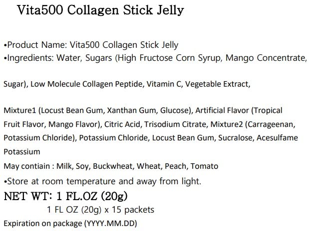 KWANGDONG Vita500 Mango Collagen Peptides Stick Jelly, with Vitamin C, to Support Skin