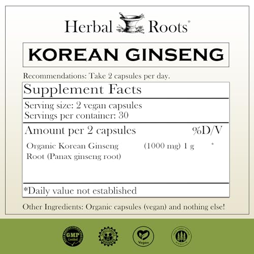Herbal Roots Panax Ginseng | Organic Korean Ginseng Root Powder | 1000mg | High