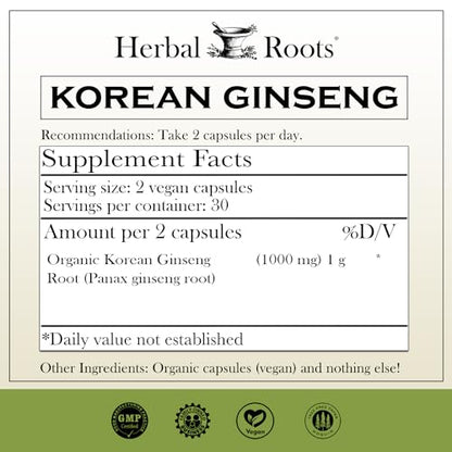 Herbal Roots Panax Ginseng | Organic Korean Ginseng Root Powder | 1000mg | High