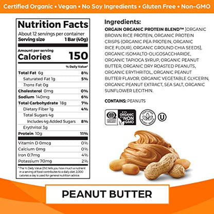 Orgain Organic Vegan Protein Bars, Peanut Butter - 10g Plant Based Protein