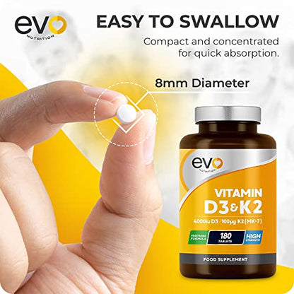 Vitamin D3 4000iu & Vitamin K2 100ug (MK7) |180 Vegetarian Tablets | 1-A-Day | 6 Month