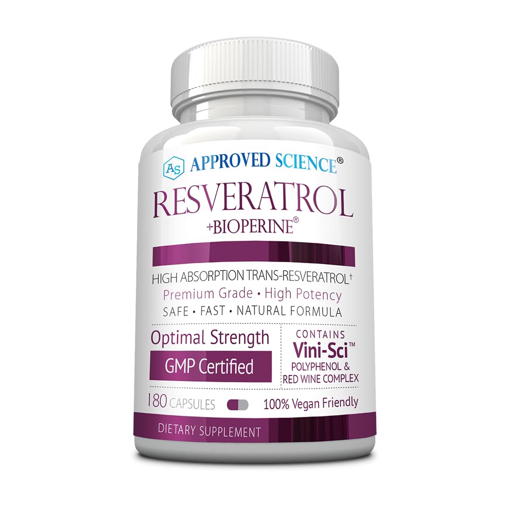 Approved Science® Resveratrol - 1000 mg of Trans Resveratrol - 250 mg of Polyphenol - 98% Purity Level - Includes Bioperine® - 60 Vegan Friendly Capsules - 1 Bottle