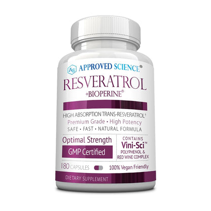 Approved Science® Resveratrol - 1000 mg of Trans Resveratrol - 250 mg of Polyphenol - 98% Purity Level - Includes Bioperine® - 60 Vegan Friendly Capsules - 1 Bottle