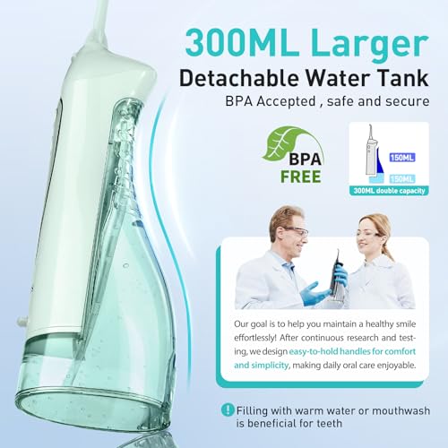 Water Dental Teeth Flosser Pick: 300ML Rechargeable Travel Irrigation Cleaner IPX7 Waterproof Portable Cordless Teeth Cleaning Pink and Green