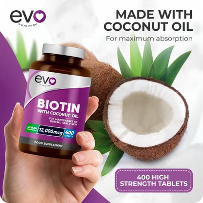 Biotin Hair Growth Supplement 12,000mcg with Coconut Oil | 400 High Strength Tablets