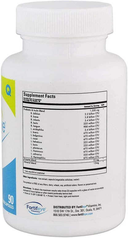 Fortifeye Probiotic Bacteria Vegan Supplement with Digestive Enzymes 90 Capsules 30 Day Supply - Probiotics for Digestive Health Women, Men & Kids, Supports Digestion, Bloating and Ocular Systems