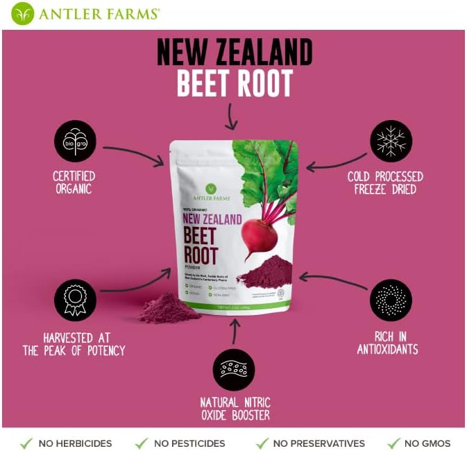 Antler Farms New Zealand Beet Root Powder - Organic, 40 Servings, 200g | 100% Pure, Freeze Dried, Raw, Vegan, Gluten Free, Naturally Rich in Nitrates for Performance & Vitality