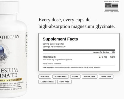 Magnesium Glycinate 275mg - High Absorption Chelated Magnesium Supplement - Magnesium Bisglycinate - Essential Mineral - Vegan Non-GMO Gluten-Free - 90 Capsules