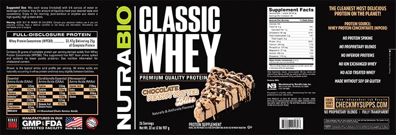 NutraBio Classic Whey Protein Powder- Full-Spectrum Amino Acid Profile - No Fillers
