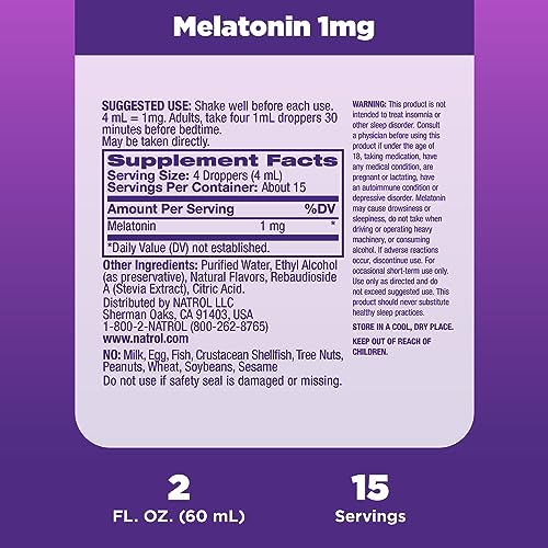 Natrol Liquid Melatonin 1mg, Berry-Flavored Dietary Supplement for Restful Sleep, 2 Fl Oz
