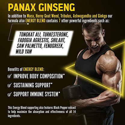 Premium Panax Ginseng 14 in 1, 13X Potency, High Strength Capsules with Horny Goat Weed