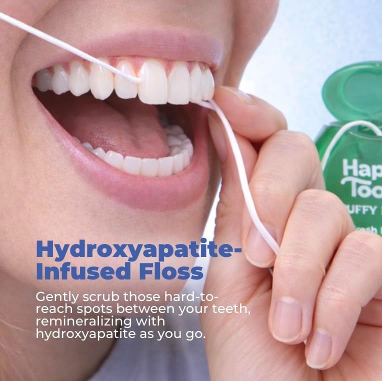 Happy Tooth Dental Floss, Natural Floss for Daily Dental Hygiene, Expanding String Floss for Tight Spaces Between Teeth, with Hydroxyapatite and Mint Flavor Tooth Cleaning Routine, 3 Pack