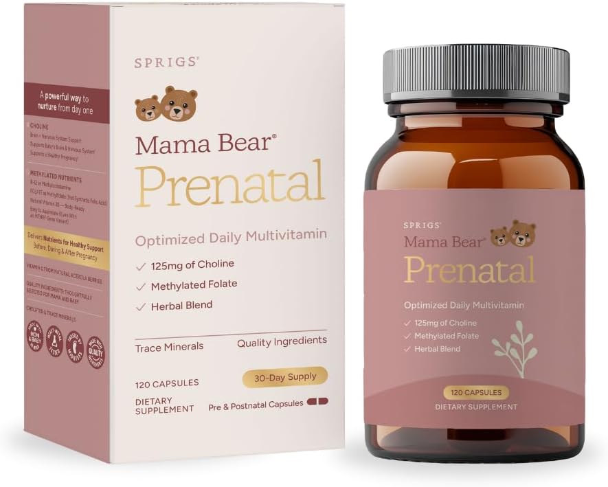SPRIGS Mama Bear Prenatal Gold Multivitamin with Methylated Folate & Choline, Easy to Digest Prenatal Vitamins for Women, Clean Herbal Blend Pregnancy Support Supplement, 120 Capsules