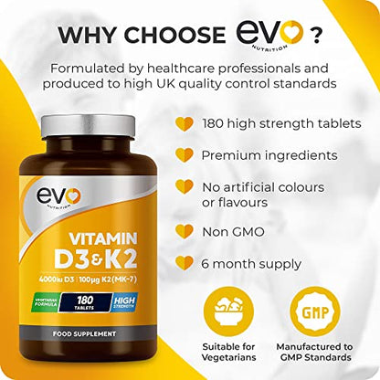Vitamin D3 4000iu & Vitamin K2 100ug (MK7) |180 Vegetarian Tablets | 1-A-Day | 6 Month