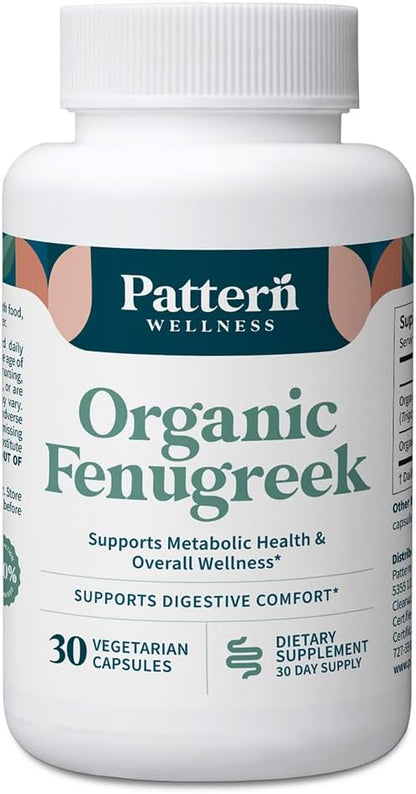 Pattern Wellness Organic Fenugreek Capsules – 30:1 Fenugreek Seed Extract with Black Pepper – Metabolic & Digestive Support Supplement – Vegan, Non-GMO – 30 Capsules