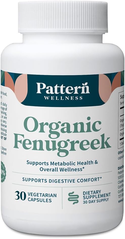 Pattern Wellness Organic Fenugreek Capsules – 30:1 Fenugreek Seed Extract with Black Pepper – Metabolic & Digestive Support Supplement – Vegan, Non-GMO – 30 Capsules