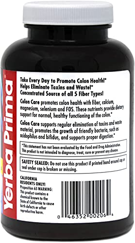 Yerba Prima Prebiotics Colon Care Fiber Caps, 180 Capsules - Five Forms of Fiber Plus