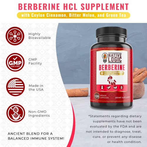 Native Logic Berberine HCL 1200mg with Ceylon Cinnamon, Bitter Melon, and Green Tea