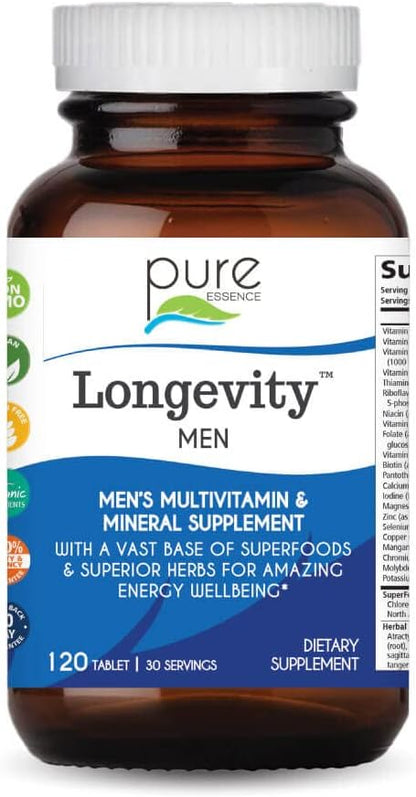 PURE ESSENCE LABS Longevity Multivitamin for Men Over 40 - Super Energetic with Superfoods, Minerals, Enzymes, Vitamin D3, B12, Biotin - 120 Tablets