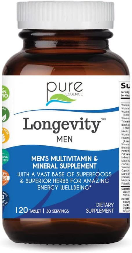 PURE ESSENCE LABS Longevity Multivitamin for Men Over 40 - Super Energetic with Superfoods, Minerals, Enzymes, Vitamin D3, B12, Biotin - 120 Tablets