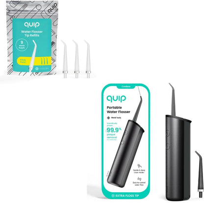 quip Water Flosser with Tip Refills Product Bundle - Cordless Water Flosser with Adjustable Pressure and Refill Tips - Black, 3 CT