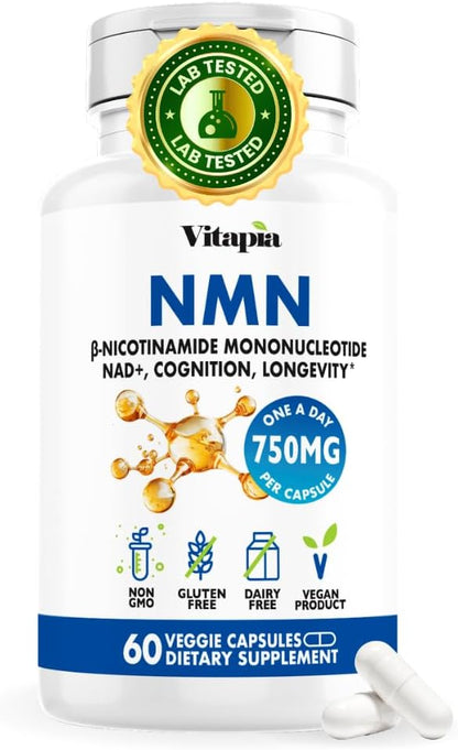 NMN 750mg Per Capsule - 99% Pure Nicotinamide Mononucleotide - Increased NAD+, Mitochondrial Function, Healthy Aging, Brain Health & Energy Support - 60 Capsules, Non GMO, Gluten Free Supplement
