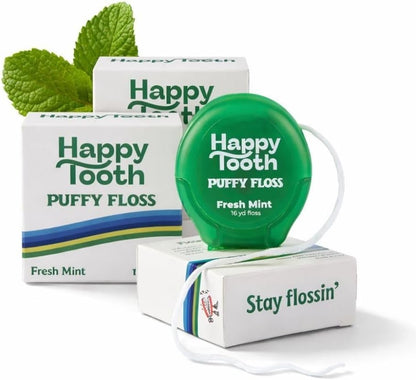 Happy Tooth Dental Floss, Natural Floss for Daily Dental Hygiene, Expanding String Floss for Tight Spaces Between Teeth, with Hydroxyapatite and Mint Flavor Tooth Cleaning Routine, 3 Pack