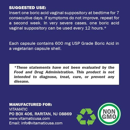 Vitamatic Boric Acid Vaginal Suppositories 600 mg USP Grade Boric Acid in Vegetarian Capsule Shell - 60 Count