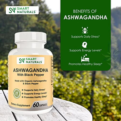 Smart Naturals Organic Ashwagandha with Black Pepper Herbal Supplements, Relieves