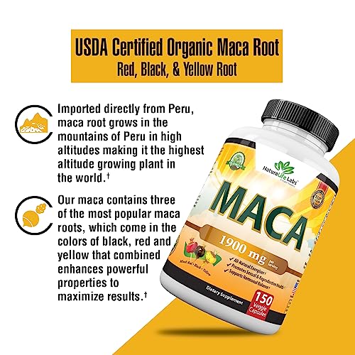 Organic Maca Root Black, Red, Yellow 1900 MG per Serving - 150 Vegan Capsules
