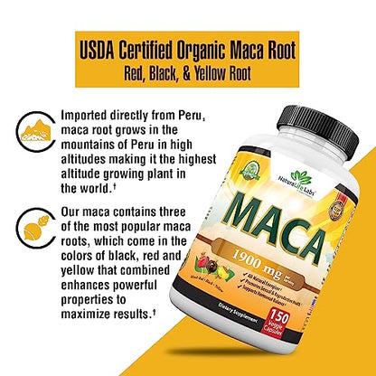 Organic Maca Root Black, Red, Yellow 1900 MG per Serving - 150 Vegan Capsules
