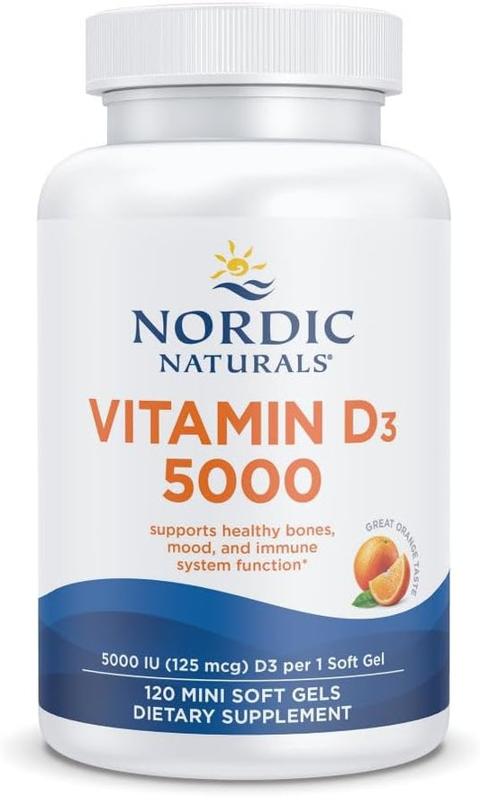 Nordic Naturals Vitamin D3 5000 IU,Non-GMO, Orange - 120 Mini Softgels | High-potency vitamin D3 for bone health, mood support & immune function. One mini softgel daily. Non-GMO. 120 servings