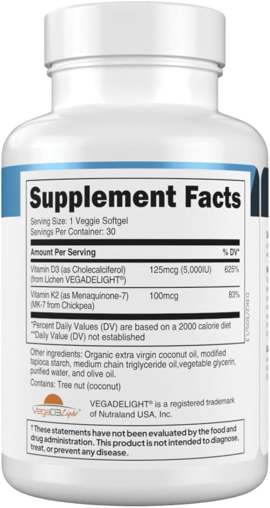Transparent Labs Vitamin D3 K2 - Vitamin D & K2 Vitamin Supplement for Men & Women, Vegan-Friendly D3K2 5000 IU Supplements to Support Bone, Immune, and Overall Health - K2 D3 60 Capsules